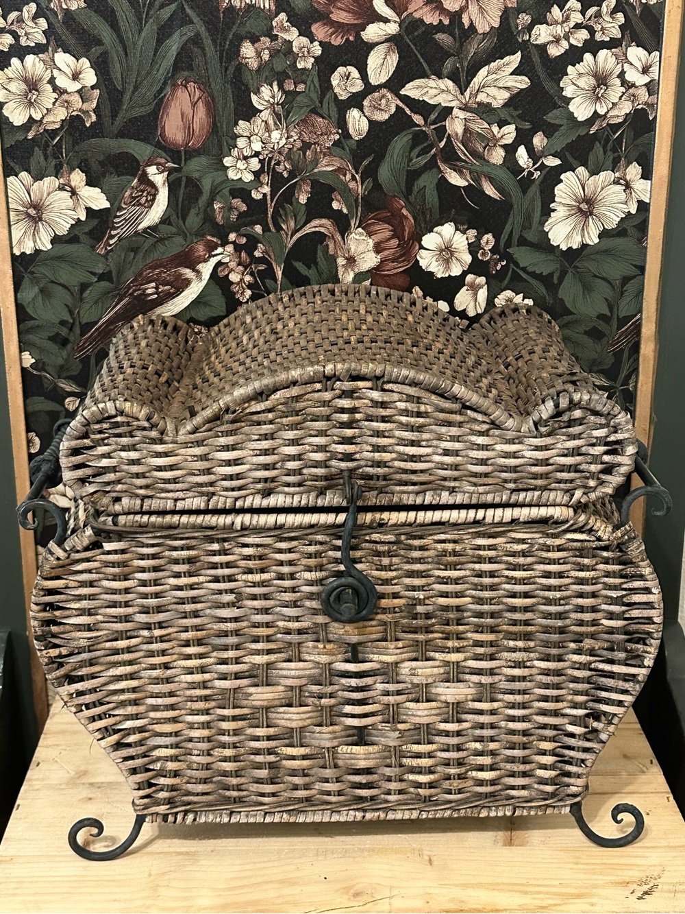 Elegant Woven Wicker Chest with Wrought Iron Scroll Feet Twisted Metal Handles